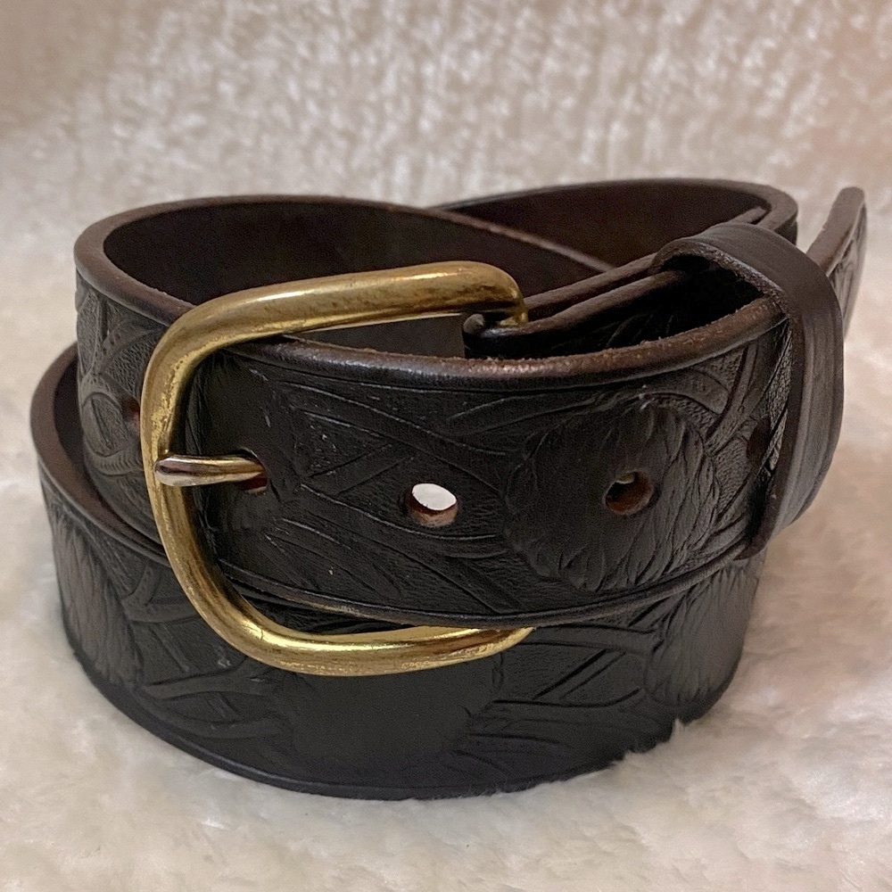 Men's Dark Brown Black Leather Belt with Solid Brass Buckle